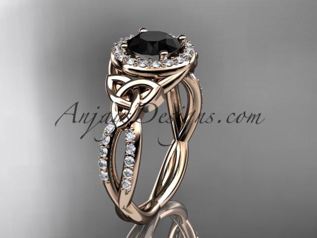 14kt rose gold diamond celtic trinity knot wedding ring, engagement ring with a Black Diamond center stone CT7127 - AnjaysDesigns