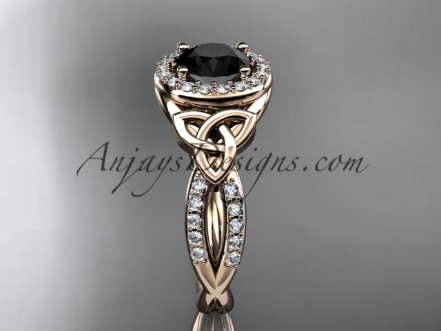 14kt rose gold diamond celtic trinity knot wedding ring, engagement ring with a Black Diamond center stone CT7127 - AnjaysDesigns