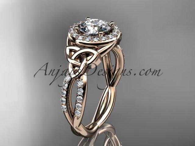 14kt rose gold diamond celtic trinity knot wedding ring, engagement ring with a "Forever One" Moissanite center stone CT7127 - AnjaysDesigns