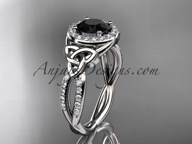 14kt white gold diamond celtic trinity knot wedding ring, engagement ring with a Black Diamond center stone CT7127 - AnjaysDesigns