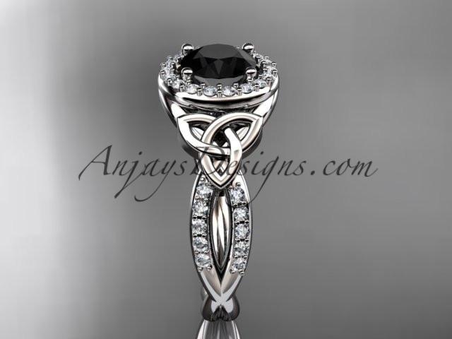 14kt white gold diamond celtic trinity knot wedding ring, engagement ring with a Black Diamond center stone CT7127 - AnjaysDesigns