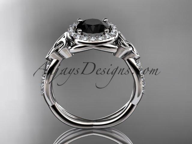 14kt white gold diamond celtic trinity knot wedding ring, engagement ring with a Black Diamond center stone CT7127 - AnjaysDesigns