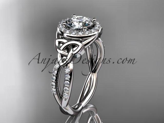 platinum diamond celtic trinity knot wedding ring, engagement ring with a "Forever One" Moissanite center stone CT7127 - AnjaysDesigns