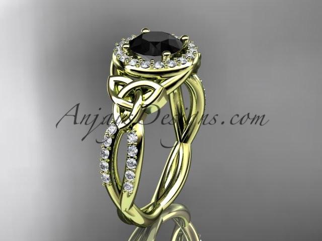14kt yellow gold diamond celtic trinity knot wedding ring, engagement ring with a Black Diamond center stone CT7127 - AnjaysDesigns