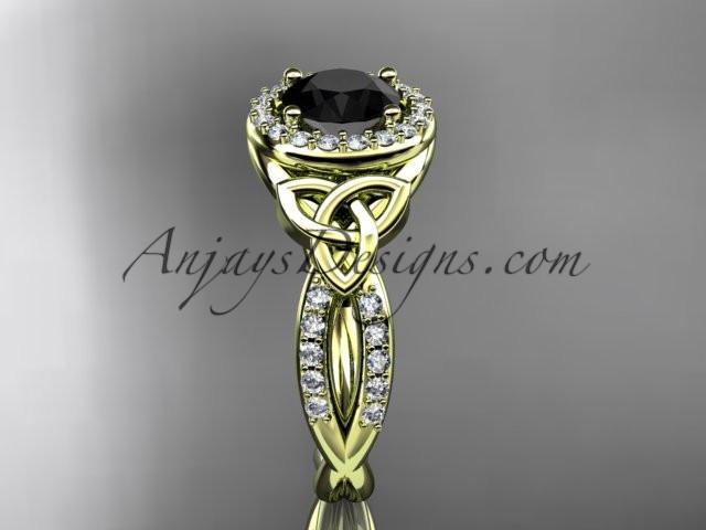 14kt yellow gold diamond celtic trinity knot wedding ring, engagement ring with a Black Diamond center stone CT7127 - AnjaysDesigns