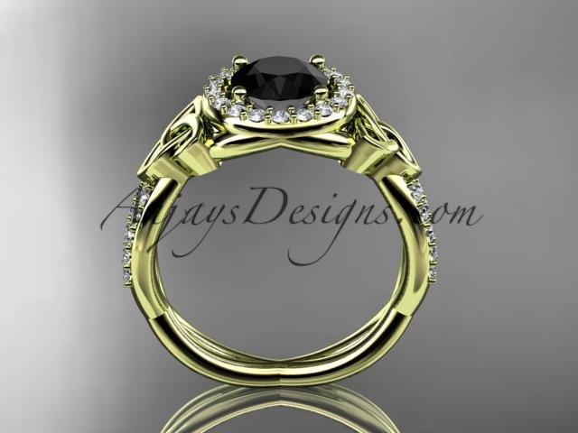 14kt yellow gold diamond celtic trinity knot wedding ring, engagement ring with a Black Diamond center stone CT7127 - AnjaysDesigns