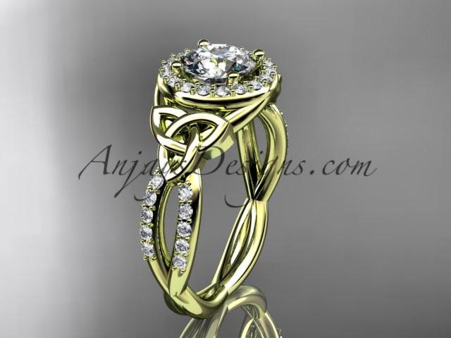 14kt yellow gold diamond celtic trinity knot wedding ring, engagement ring with a "Forever One" Moissanite center stone CT7127 - AnjaysDesigns