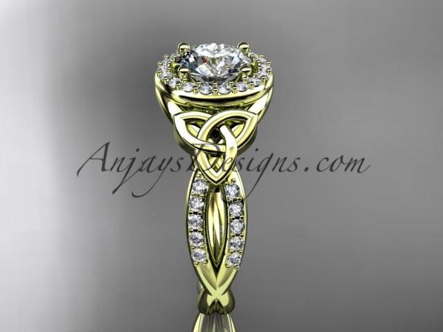 14kt yellow gold diamond celtic trinity knot wedding ring, engagement ring with a "Forever One" Moissanite center stone CT7127 - AnjaysDesigns