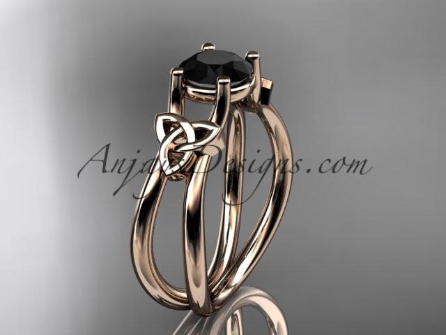 14kt rose gold diamond celtic trinity knot wedding ring, engagement ring with a Black Diamond center stone CT7130 - AnjaysDesigns