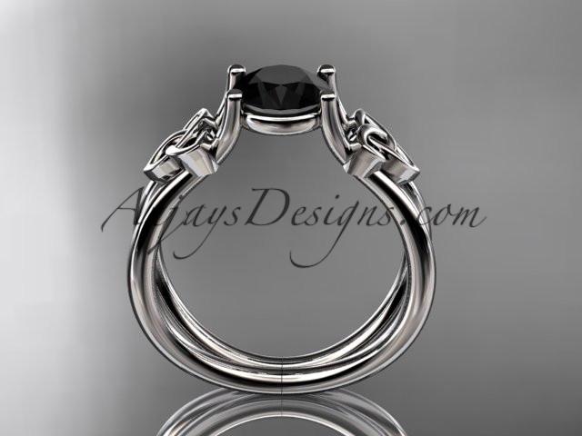 14kt white gold diamond celtic trinity knot wedding ring, engagement ring with a Black Diamond center stone CT7130 - AnjaysDesigns
