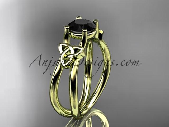14kt yellow gold diamond celtic trinity knot wedding ring, engagement ring with a Black Diamond center stone CT7130 - AnjaysDesigns