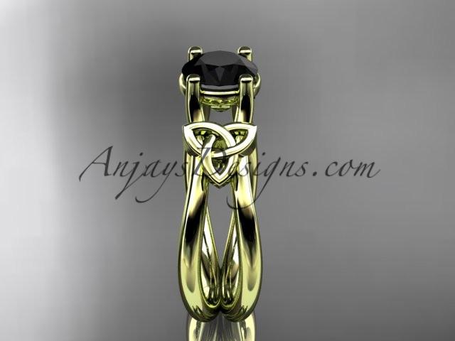14kt yellow gold diamond celtic trinity knot wedding ring, engagement ring with a Black Diamond center stone CT7130 - AnjaysDesigns
