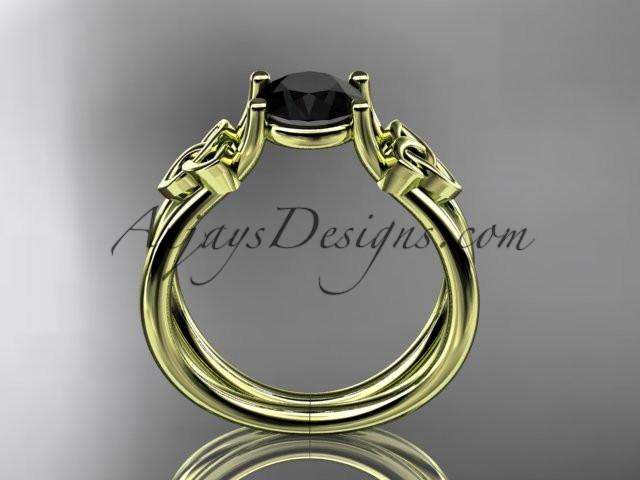 14kt yellow gold diamond celtic trinity knot wedding ring, engagement ring with a Black Diamond center stone CT7130 - AnjaysDesigns