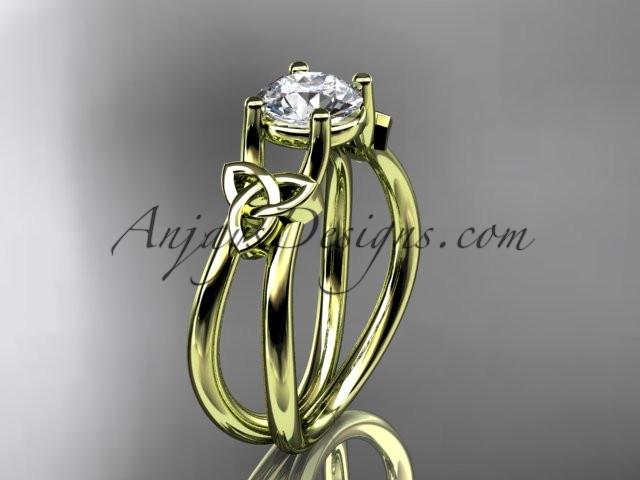 14kt yellow gold diamond celtic trinity knot wedding ring, engagement ring with a "Forever One" Moissanite center stone CT7130 - AnjaysDesigns