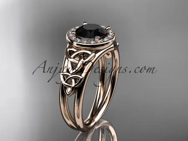 14kt rose gold diamond celtic trinity knot wedding ring, engagement ring with a Black Diamond center stone CT7131 - AnjaysDesigns