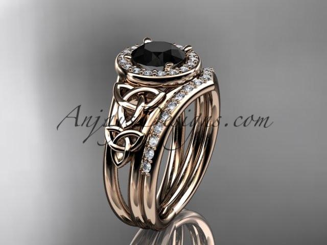 14kt rose gold diamond celtic trinity knot wedding ring, engagement set with a Black Diamond center stone CT7131S - AnjaysDesigns