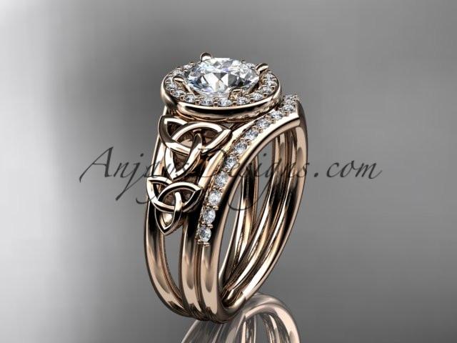 14kt rose gold diamond celtic trinity knot wedding ring, engagement set with a "Forever One" Moissanite center stone CT7131S - AnjaysDesigns
