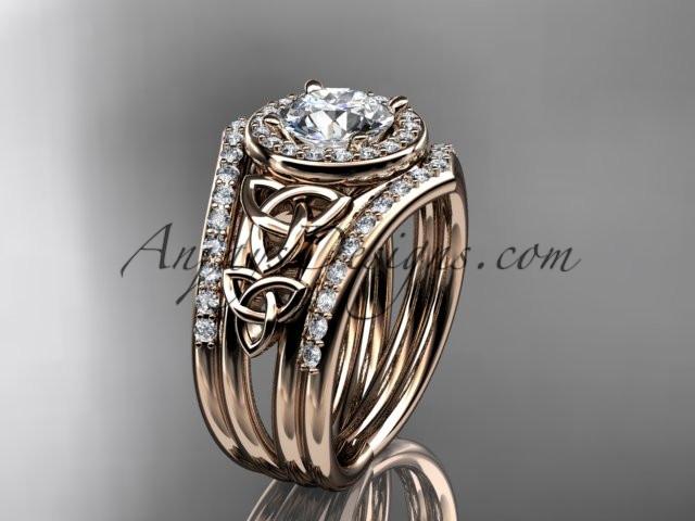 14kt rose gold diamond celtic trinity knot wedding ring, engagement ring with a "Forever One" Moissanite center stone and double matching band CT7131S - AnjaysDesigns