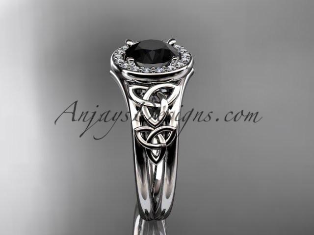 14kt white gold diamond celtic trinity knot wedding ring, engagement ring with a Black Diamond center stone CT7131 - AnjaysDesigns