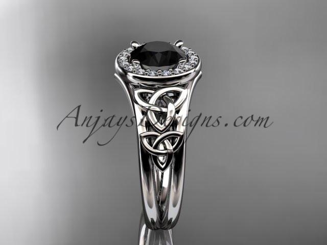 platinum diamond celtic trinity knot wedding ring, engagement ring with a Black Diamond center stone CT7131 - AnjaysDesigns