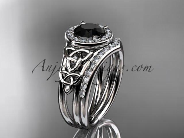 platinum diamond celtic trinity knot wedding ring, engagement set with a Black Diamond center stone CT7131S - AnjaysDesigns