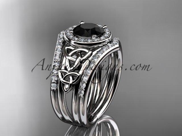 platinum diamond celtic trinity knot wedding ring, engagement ring with a Black Diamond center stone and double matching band CT7131S - AnjaysDesigns