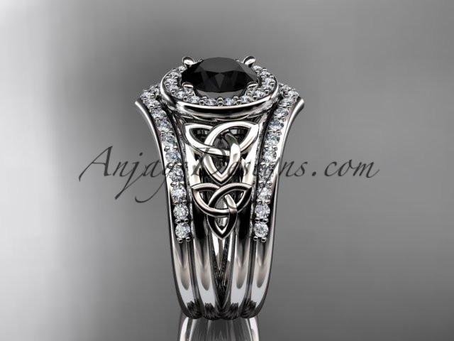 platinum diamond celtic trinity knot wedding ring, engagement ring with a Black Diamond center stone and double matching band CT7131S - AnjaysDesigns