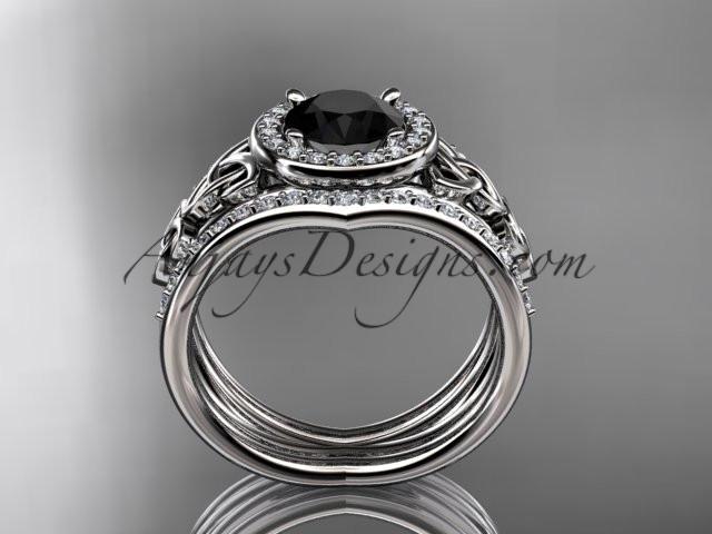 platinum diamond celtic trinity knot wedding ring, engagement ring with a Black Diamond center stone and double matching band CT7131S - AnjaysDesigns