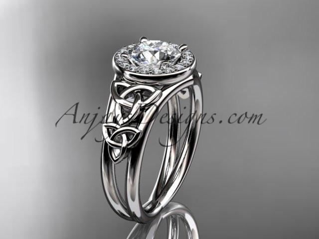 platinum diamond celtic trinity knot wedding ring, engagement ring with a "Forever One" Moissanite center stone CT7131 - AnjaysDesigns