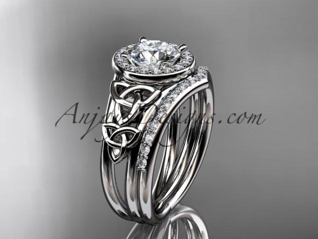 platinum diamond celtic trinity knot wedding ring, engagement set with a "Forever One" Moissanite center stone CT7131S - AnjaysDesigns