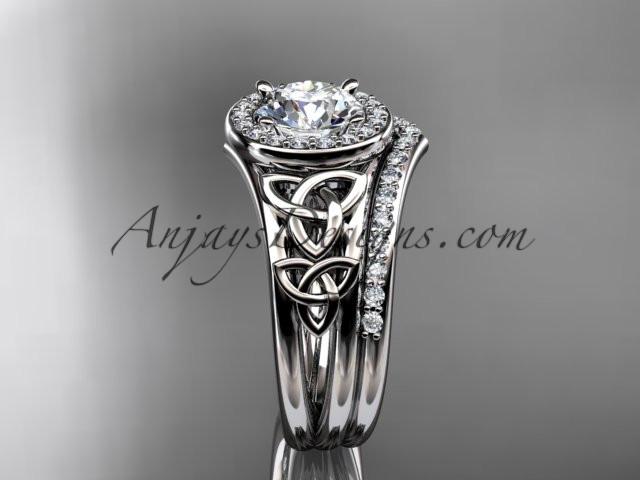 platinum diamond celtic trinity knot wedding ring, engagement set with a "Forever One" Moissanite center stone CT7131S - AnjaysDesigns