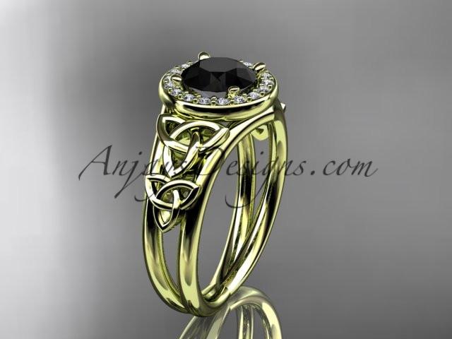 14kt yellow gold diamond celtic trinity knot wedding ring, engagement ring with a Black Diamond center stone CT7131 - AnjaysDesigns
