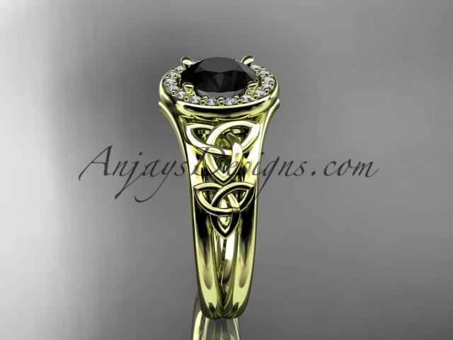 14kt yellow gold diamond celtic trinity knot wedding ring, engagement ring with a Black Diamond center stone CT7131 - AnjaysDesigns