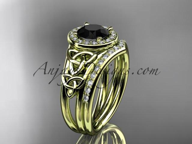 14kt yellow gold diamond celtic trinity knot wedding ring, engagement set with a Black Diamond center stone CT7131S - AnjaysDesigns