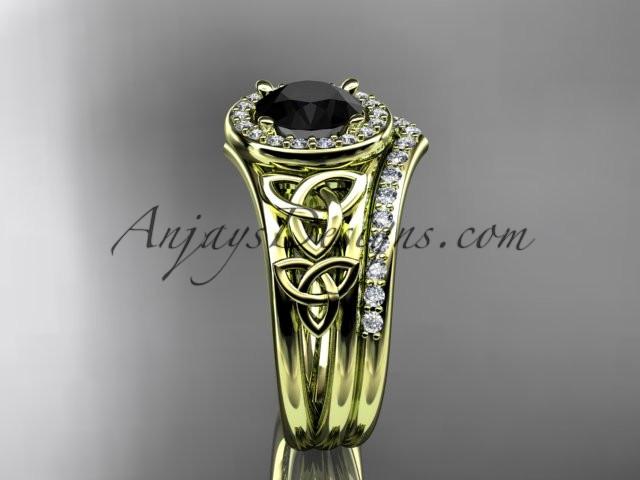 14kt yellow gold diamond celtic trinity knot wedding ring, engagement set with a Black Diamond center stone CT7131S - AnjaysDesigns