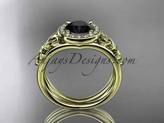 14kt yellow gold diamond celtic trinity knot wedding ring, engagement set with a Black Diamond center stone CT7131S - AnjaysDesigns