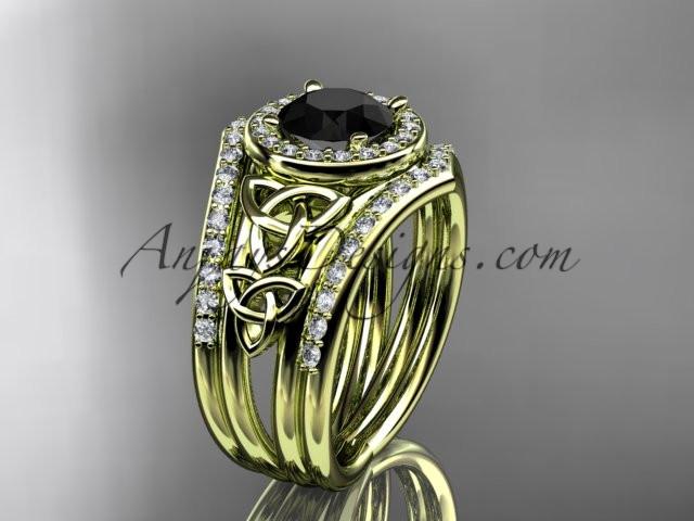 14kt yellow gold diamond celtic trinity knot wedding ring, engagement ring with a Black Diamond center stone and double matching band CT7131S - AnjaysDesigns