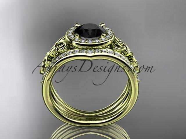 14kt yellow gold diamond celtic trinity knot wedding ring, engagement ring with a Black Diamond center stone and double matching band CT7131S - AnjaysDesigns