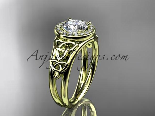 14kt yellow gold diamond celtic trinity knot wedding ring, engagement ring with a "Forever One" Moissanite center stone CT7131 - AnjaysDesigns