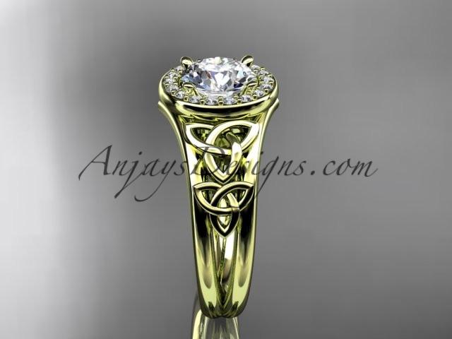14kt yellow gold diamond celtic trinity knot wedding ring, engagement ring with a "Forever One" Moissanite center stone CT7131 - AnjaysDesigns