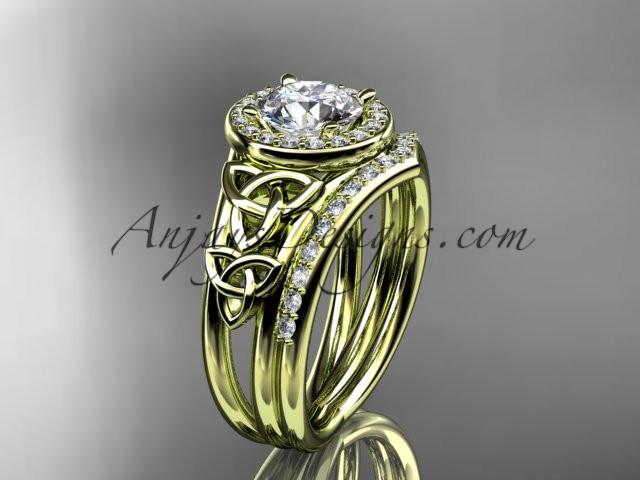 14kt yellow gold diamond celtic trinity knot wedding ring, engagement set with a "Forever One" Moissanite center stone CT7131S - AnjaysDesigns