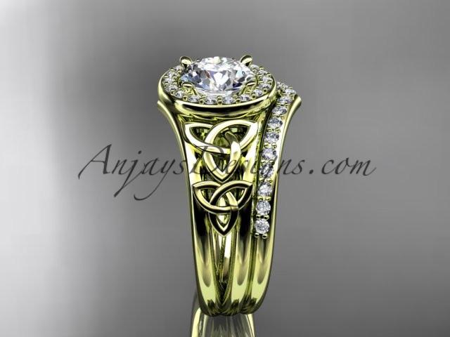 14kt yellow gold diamond celtic trinity knot wedding ring, engagement set with a "Forever One" Moissanite center stone CT7131S - AnjaysDesigns