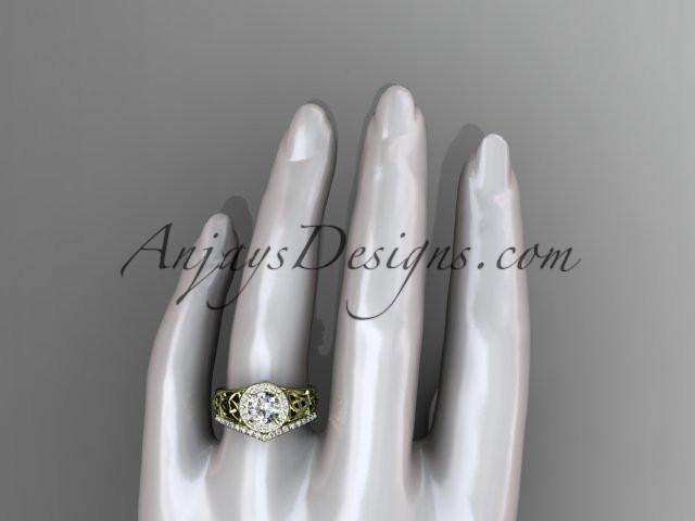 14kt yellow gold diamond celtic trinity knot wedding ring, engagement set with a "Forever One" Moissanite center stone CT7131S - AnjaysDesigns