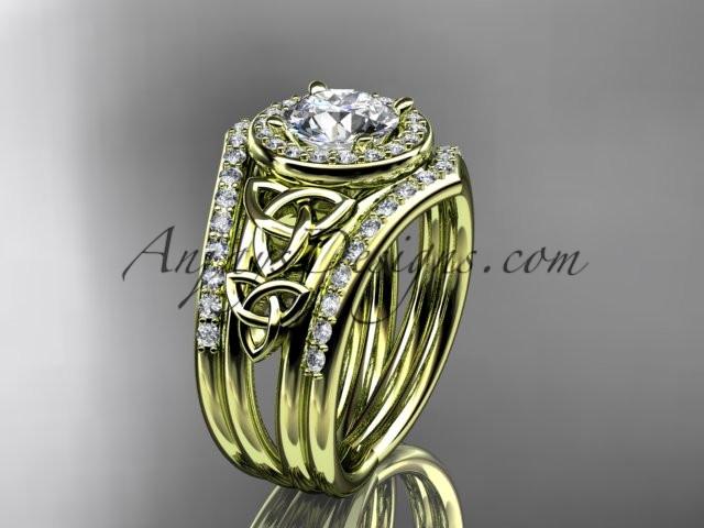 14kt yellow gold diamond celtic trinity knot wedding ring, engagement ring with a "Forever One" Moissanite center stone and double matching band CT7131S - AnjaysDesigns