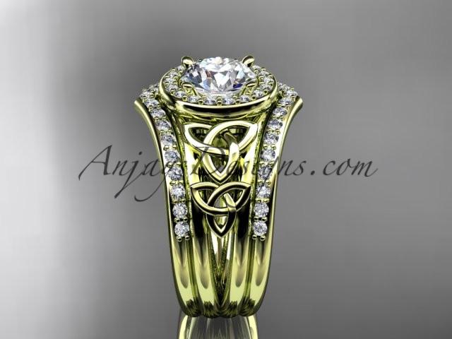 14kt yellow gold diamond celtic trinity knot wedding ring, engagement ring with a "Forever One" Moissanite center stone and double matching band CT7131S - AnjaysDesigns