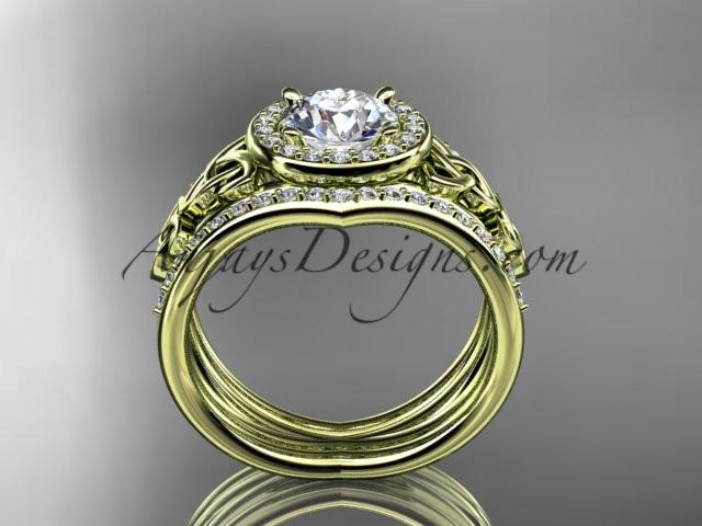 14kt yellow gold diamond celtic trinity knot wedding ring, engagement ring with a double matching band CT7131S - AnjaysDesigns