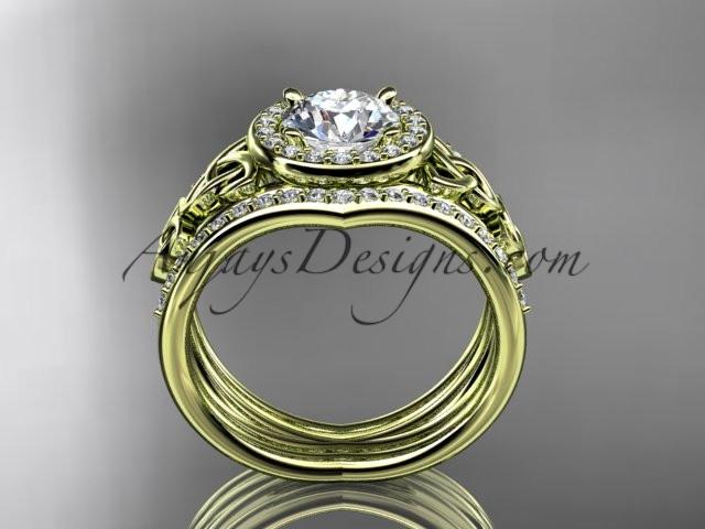 14kt yellow gold diamond celtic trinity knot wedding ring, engagement ring with a "Forever One" Moissanite center stone and double matching band CT7131S - AnjaysDesigns