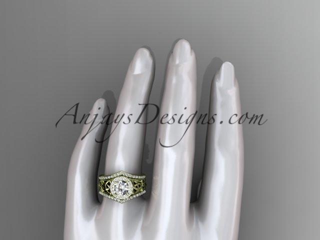 14kt yellow gold diamond celtic trinity knot wedding ring, engagement ring with a double matching band CT7131S - AnjaysDesigns