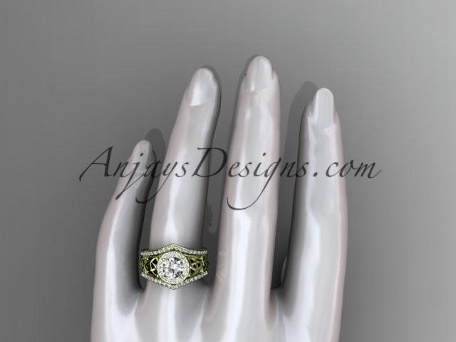 14kt yellow gold diamond celtic trinity knot wedding ring, engagement ring with a "Forever One" Moissanite center stone and double matching band CT7131S - AnjaysDesigns