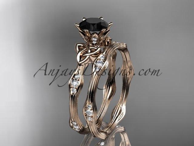 14kt rose gold diamond celtic trinity knot wedding ring, engagement set with a Black Diamond center stone CT7132S - AnjaysDesigns